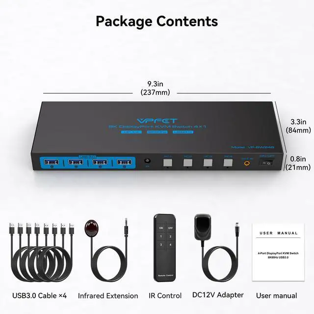 Alt view image 7 of 7 - 8K@60Hz Displayport KVM Switch 1 Monitor 4 Computers 4K144Hz USB3.0 KVM Switch Single Monitor for 4 Computers Share 1 Monitor and 4 USB Devices Support Extended/Copy Mode with Desktop Controller