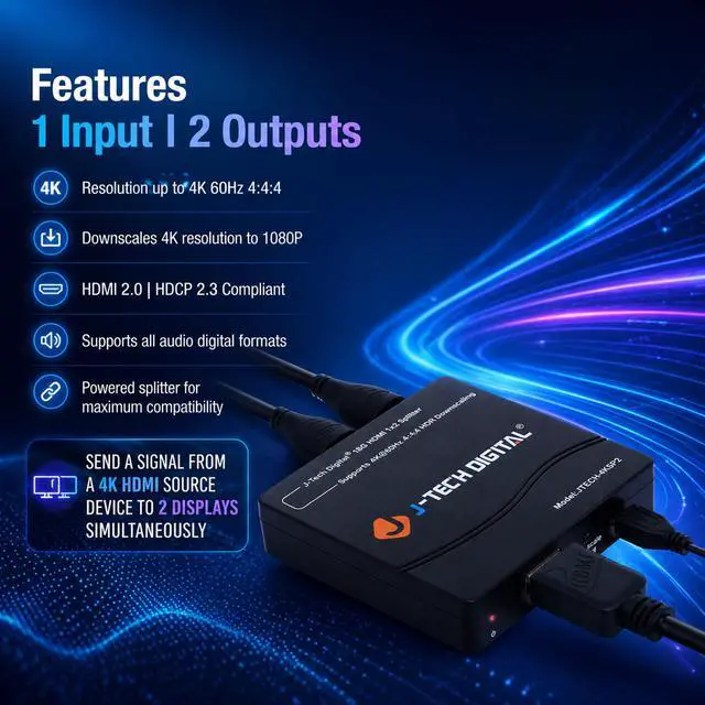 Alt view image 2 of 7 - HDMI Splitter 1 in 2 Out 4K 60Hz Multi-Resolution Output (MRO) HDMI 2.0 Splitter Supports Downscale HDR HDR10 / Dolby Vision 4K@60Hz 4:4:4 HDCP2.3 2.2 (JTECH-4KSP2)