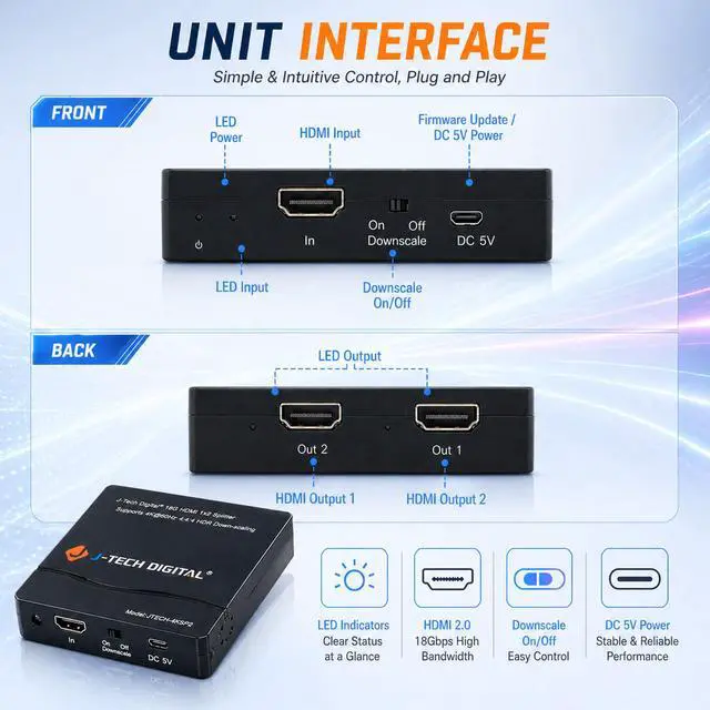 Alt view image 4 of 7 - HDMI Splitter 1 in 2 Out 4K 60Hz Multi-Resolution Output (MRO) HDMI 2.0 Splitter Supports Downscale HDR HDR10 / Dolby Vision 4K@60Hz 4:4:4 HDCP2.3 2.2 (JTECH-4KSP2)