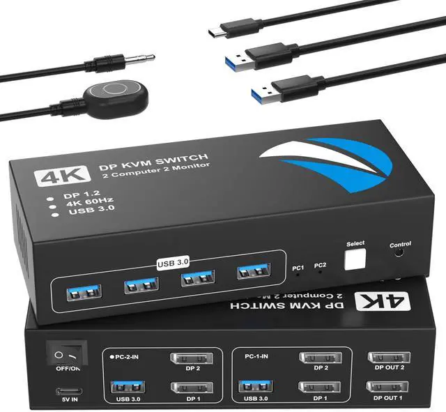 Main image of DisplayPort KVM Switch 2 Monitors 2 Computers, 4K@60Hz KVM Switches Dual Monitor with 4 USB3.0 Port Sharing Keyboard Mouse Printer, Computer Switch Monitor Switch for 2 Computers, DisplayPort Switch