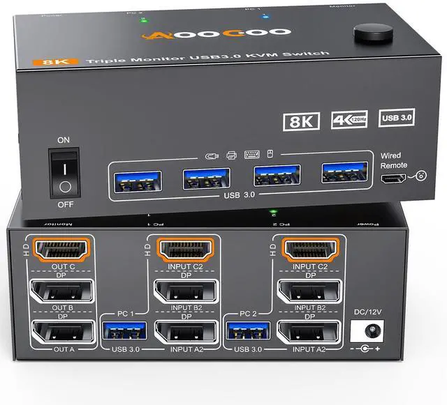 Main image of 8K@60Hz HDMI Displayport KVM Switch 3 Monitor 2 Computer 4K@144Hz Triple Monitor KVM Switches with USB 3.0 Port,Wired Remote,Power Adapter and USB3.0 Cables(6.6 cm 2 PC 3 Monitor 8K KVM)