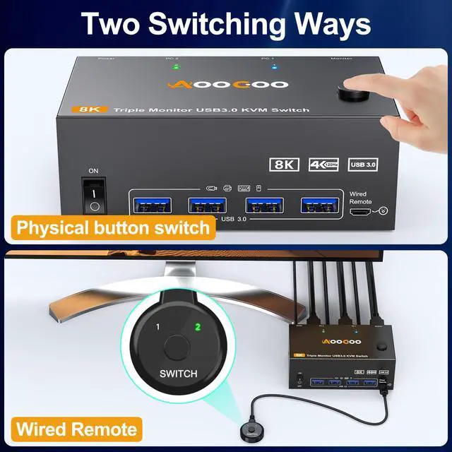 Alt view image 4 of 7 - 8K@60Hz HDMI Displayport KVM Switch 3 Monitor 2 Computer 4K@144Hz Triple Monitor KVM Switches with USB 3.0 Port,Wired Remote,Power Adapter and USB3.0 Cables(6.6 cm 2 PC 3 Monitor 8K KVM)