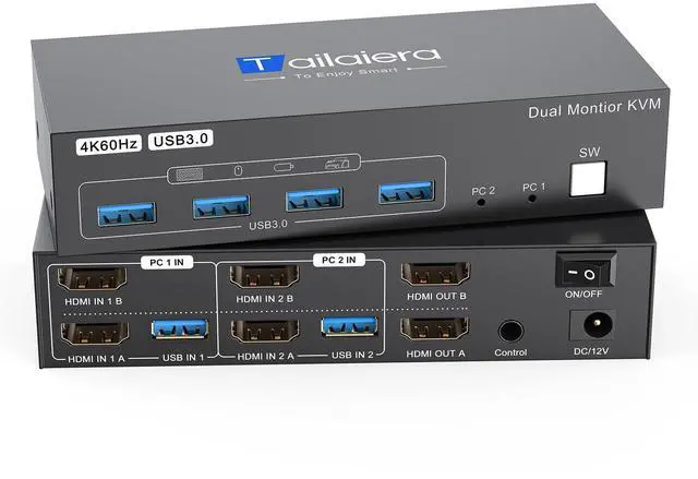 Main image of HDMI Kvm Switch 2 Monitors 2 Computers 4K@60Hz Dual Monitor KVM Switches 2 Ports for 2 PC Sharing 4 USB3.0 Port Mouse Keyboard and 2 Screens with USB 3.0 Cables and Extended Controller
