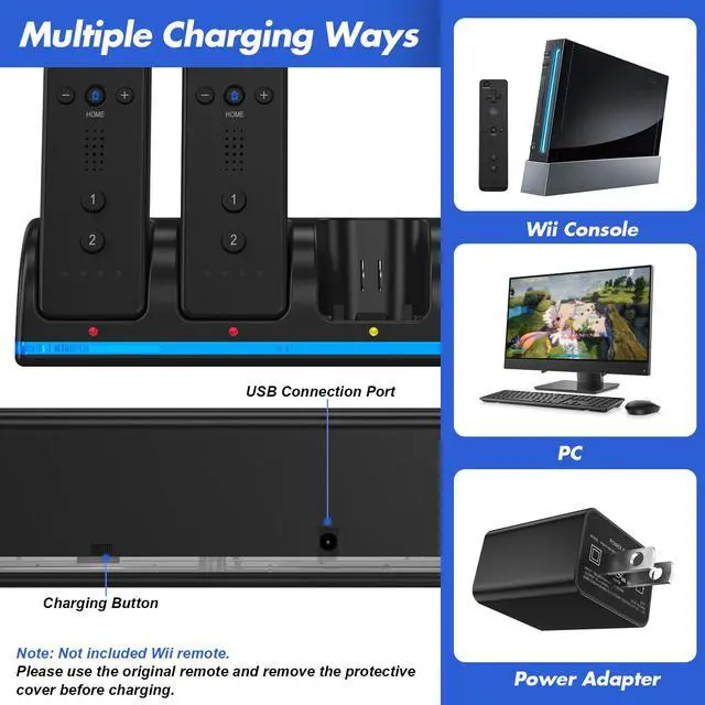 Alt view image 3 of 7 - Remote Controller Charger for Wii/Wii U With 4 Pack 2800mAh Rechargeable Battery Pack, 4 Port Charging Station for Controller, Remotes Not Included