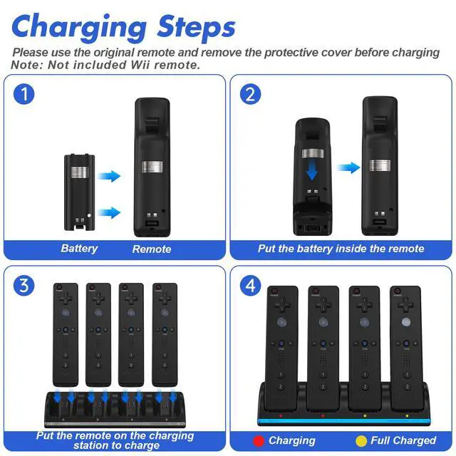Alt view image 7 of 7 - Remote Controller Charger for Wii/Wii U With 4 Pack 2800mAh Rechargeable Battery Pack, 4 Port Charging Station for Controller, Remotes Not Included
