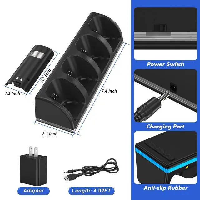Alt view image 6 of 7 - Remote Controller Charger for Wii/Wii U With 4 Pack 2800mAh Rechargeable Battery Pack, 4 Port Charging Station for Controller, Remotes Not Included