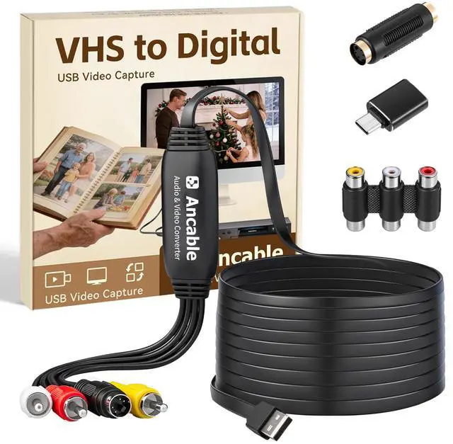 Main image of 6-Feet VHS to Digital Converter, Video Capture Card for Mac/Windows, Preserve Old Family Memories from VCR VHS Hi8 MiniDV, USB 2.0 RCA to USB with S-Video & USB-C Adapter, Full Software Guide