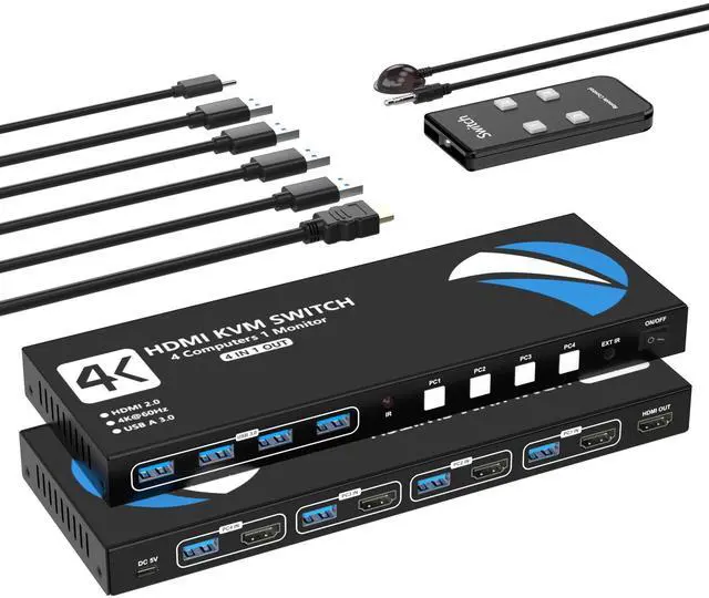 Main image of KVM Switch 4 Computers 1 Monitors, 4K@60Hz HDMI USB3.0 KVM Switcher for 4 Computers Share 1 Monitor and 4 USB Device Keyboard Mouse Printer, KVM Switches with IR Remote Control and 4 USB3.0 Cable