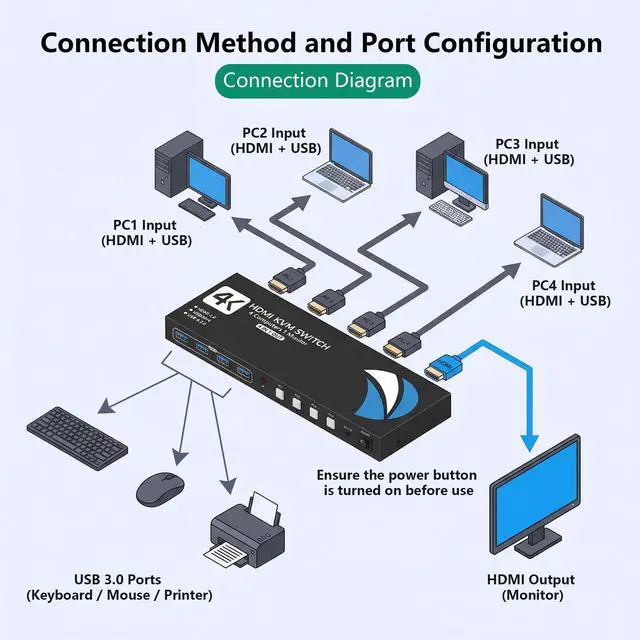 Alt view image 3 of 7 - KVM Switch 4 Computers 1 Monitors, 4K@60Hz HDMI USB3.0 KVM Switcher for 4 Computers Share 1 Monitor and 4 USB Device Keyboard Mouse Printer, KVM Switches with IR Remote Control and 4 USB3.0 Cable