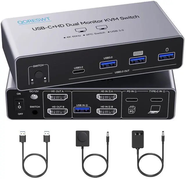 Main image of KVM Switch 2 Monitors 2 Computers USB C, Desktop + Laptop Dual Monitor KVM Switch, Support 4K@60Hz with PD Power Function for Laptop, Suitable for Office/Work from Home, Programmer Setup, AI Worker
