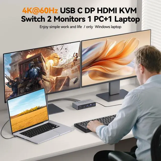 Alt view image 3 of 7 - KVM Switch 2 Monitors 2 Computers USB C, Desktop + Laptop Dual Monitor KVM Switch, Support 4K@60Hz with PD Power Function for Laptop, Suitable for Office/Work from Home, Programmer Setup, AI Worker