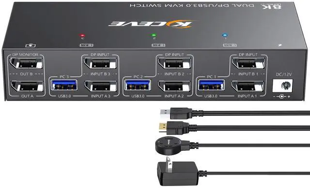 Main image of KVM Switch 2 Monitors 3 Computers Displayport, USB 3.0 KVM Switch 3 Computer Sharing 2 Monitor and 4 USB 3.0 Devices, 4K@144Hz, Wired Remote(4K DP 3 in 2 out KVM)