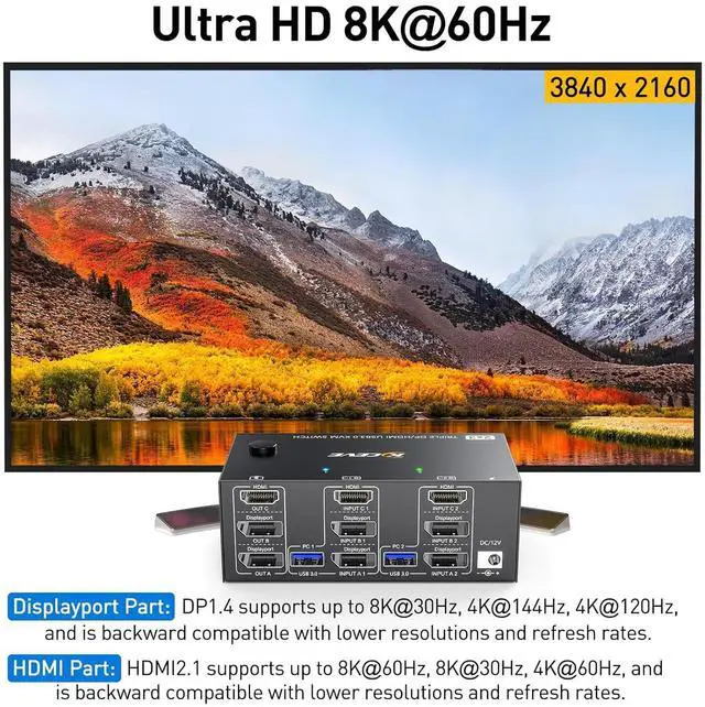Alt view image 4 of 7 - KVM Switch 3 Monitors 2 Computers, HDMI + DisplayPort KVM Switcher 8K@30Hz/4k@144Hz for 2 Computer Share 3 Display and 4 USB 3.0 Devices
