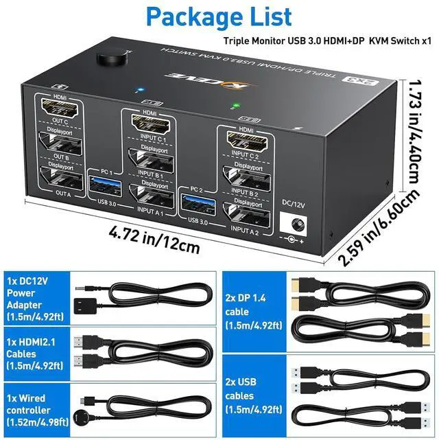 Alt view image 6 of 7 - KVM Switch 3 Monitors 2 Computers, HDMI + DisplayPort KVM Switcher 8K@30Hz/4k@144Hz for 2 Computer Share 3 Display and 4 USB 3.0 Devices