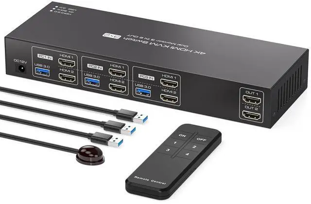 Main image of HDMI KVM Switch 3 Computers 2 Monitors 4K60Hz EDID for 3 PC Share Dual Monitor and 4 USB 3.0 Port with Controller