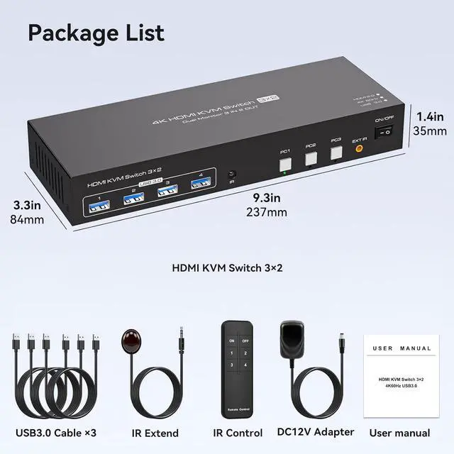 Alt view image 7 of 7 - HDMI KVM Switch 3 Computers 2 Monitors 4K60Hz EDID for 3 PC Share Dual Monitor and 4 USB 3.0 Port with Controller