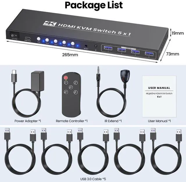 Alt view image 7 of 7 - 4K@60Hz HDMI KVM Switch 1 Monitor 5 Computers, USB 3.0 5 Port KVM Switch for Controlling 5 Computers with 1 Set of Keyboard, Mouse and 1 Monitor