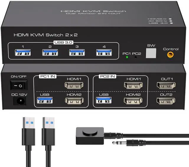 Main image of KVM Switch 2 Monitors 2 Computers 4K60Hz HDMI Dual Monitor KVM Switches for Dual PC Share 1 Set of Keyboard Mouse Printer Wired Controller 12V 1A DC Adapter and 2 USB 3.0 Cable Included