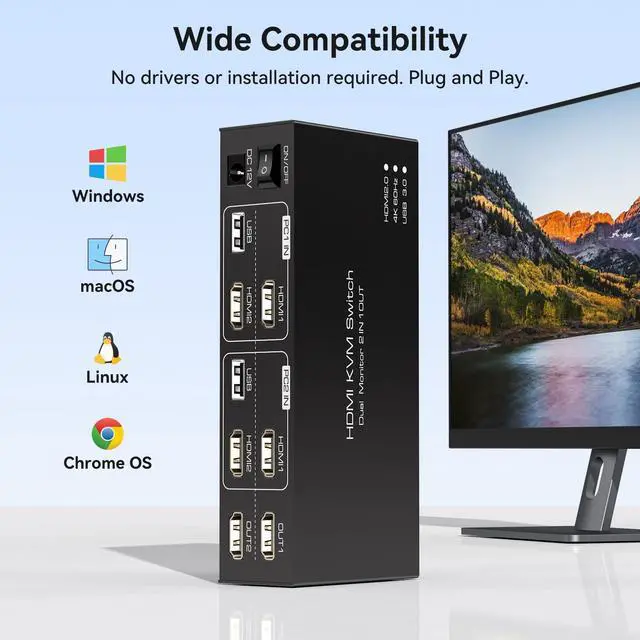 Alt view image 6 of 7 - KVM Switch 2 Monitors 2 Computers 4K60Hz HDMI Dual Monitor KVM Switches for Dual PC Share 1 Set of Keyboard Mouse Printer Wired Controller 12V 1A DC Adapter and 2 USB 3.0 Cable Included