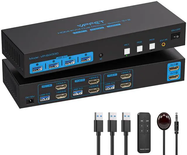 Main image of HDMI KVM Switch 2 Monitors 3 Computers 4K@60Hz EDID Simulation 3 Ports USB 3.0 KVM Switches Dual Monitor for 3 PC Share 4 USB 3.0 Ports and 2 Screens with Desktop Controller