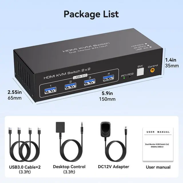 Alt view image 7 of 7 - KVM Switch 2 Monitors 2 Computers 4K60Hz HDMI Dual Monitor KVM Switches for Dual PC Share 1 Set of Keyboard Mouse Printer Wired Controller 12V 1A DC Adapter and 2 USB 3.0 Cable Included