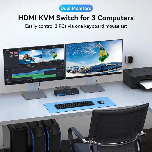 Alt view image 3 of 7 - HDMI KVM Switch 2 Monitors 3 Computers 4K@60Hz EDID Simulation 3 Ports USB 3.0 KVM Switches Dual Monitor for 3 PC Share 4 USB 3.0 Ports and 2 Screens with Desktop Controller