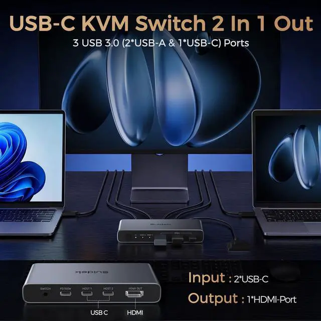 Alt view image 3 of 7 - USB C KVM Switch 1 Monitor 2 Computers - 3 USB3.0 Ports 4K@60Hz Aluminum - 100W PD Charging - Dual USBC Input Share Keyboard Mouse Printer for Laptop Desktop Compatible with Windows, Mac, Linux
