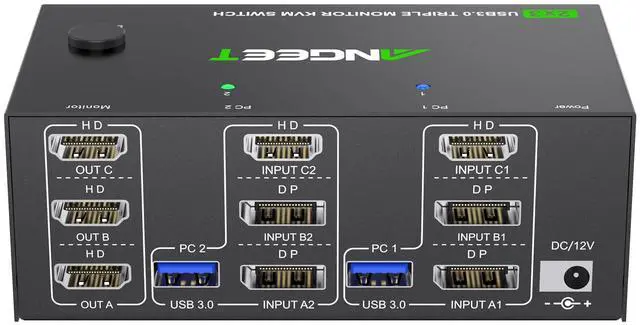 Main image of KVM Switch 3 Monitors 2 Computers 8K@60Hz 4K@144Hz, USB 3.0 Triple Monitor KVM Switch with 4 USB 3.0 Ports, 2*Displayport+1*HDMI in,3*HDMI Out,Wired Remote,Power Adapter and USB3.0 Cables Included