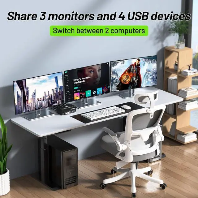 Alt view image 2 of 7 - KVM Switch 3 Monitors 2 Computers 8K@60Hz 4K@144Hz, USB 3.0 Triple Monitor KVM Switch with 4 USB 3.0 Ports, 2*Displayport+1*HDMI in,3*HDMI Out,Wired Remote,Power Adapter and USB3.0 Cables Included