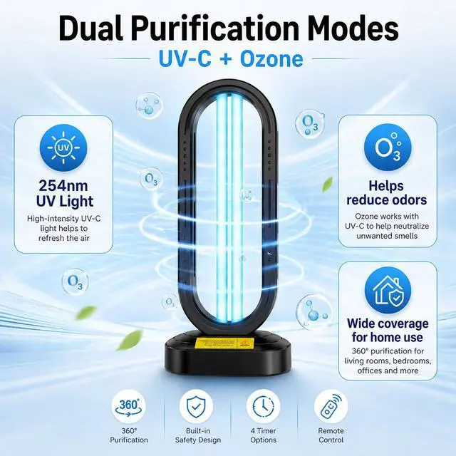 Alt view image 2 of 7 - UV Light Sanitizer,4-Speed Timing and Remote Control UVC Home Disinfection Device,Portable Ultraviolet Light Sanitizer Effectively Mold Remover and Dust Mites,UV Lamp for Whole Room,Black