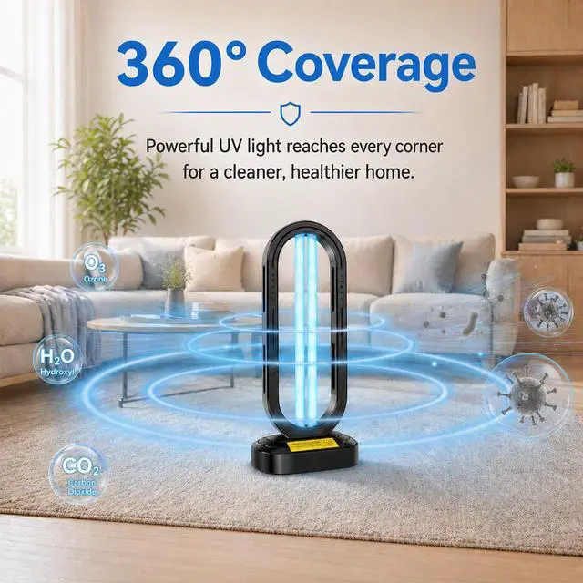 Alt view image 3 of 7 - UV Light Sanitizer,4-Speed Timing and Remote Control UVC Home Disinfection Device,Portable Ultraviolet Light Sanitizer Effectively Mold Remover and Dust Mites,UV Lamp for Whole Room,Black