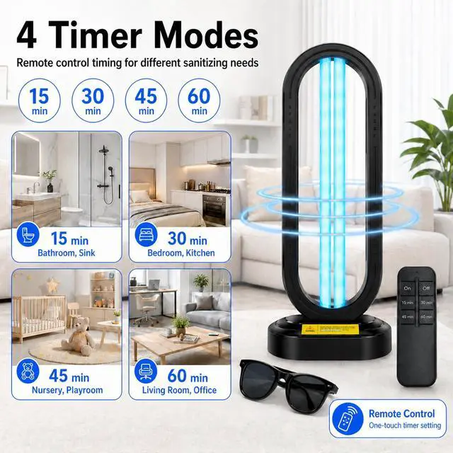 Alt view image 4 of 7 - UV Light Sanitizer,4-Speed Timing and Remote Control UVC Home Disinfection Device,Portable Ultraviolet Light Sanitizer Effectively Mold Remover and Dust Mites,UV Lamp for Whole Room,Black