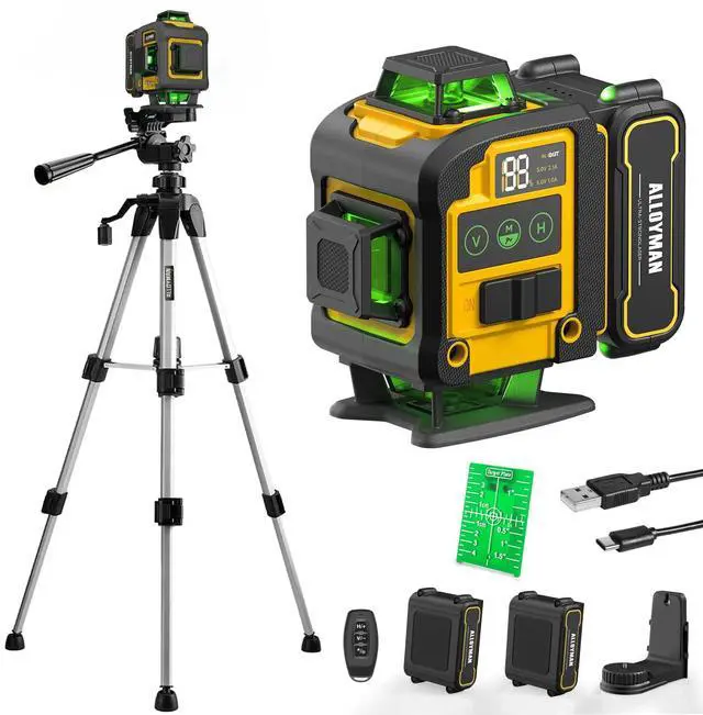 Main image of Laser Level with Tripod, 4x360° Self Leveling Laser Level, Green Line Laser 4D Laser Leveler Tool with 2Pcs Lithium Batteries for Picture Hanging, Tile, Home Renovation, Indoor