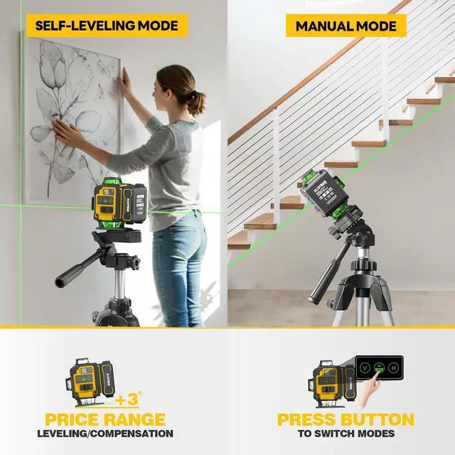 Alt view image 3 of 7 - Laser Level with Tripod, 4x360° Self Leveling Laser Level, Green Line Laser 4D Laser Leveler Tool with 2Pcs Lithium Batteries for Picture Hanging, Tile, Home Renovation, Indoor