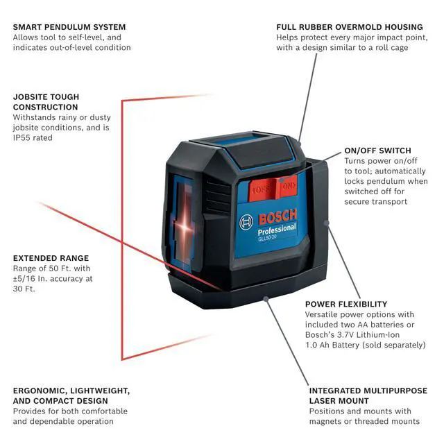 Alt view image 2 of 7 - GLL50-20 50 Ft Self-Leveling Cross-Line Laser, Includes Integrated Magnetic Mount & 2 AA Batteries