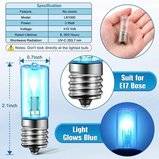 Alt view image 2 of 6 - 6 Pack LB1000 UVC Replacement Light Bulbs Compatible with GermGuardian GG1100W, GG1000, GG1100B, GG1000CA, LB-1000, GGH200, 661000CA Air Purifier 3W 10V UVC Lamp Bulb