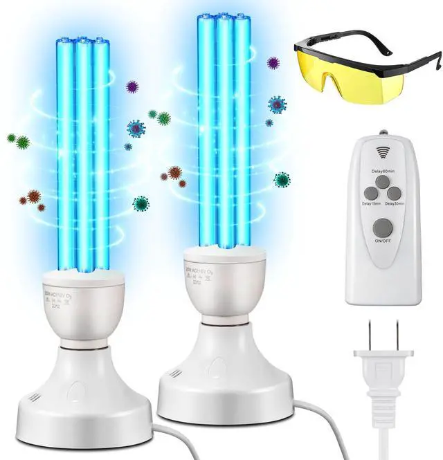 Main image of 2 Pack 25 Watt UV Light Disinfection, UVC Light with E27 Base and Remote Control and UV Protection Glasses, Light Bulb for Basement/Bedroom/Kitchen, with Ozone