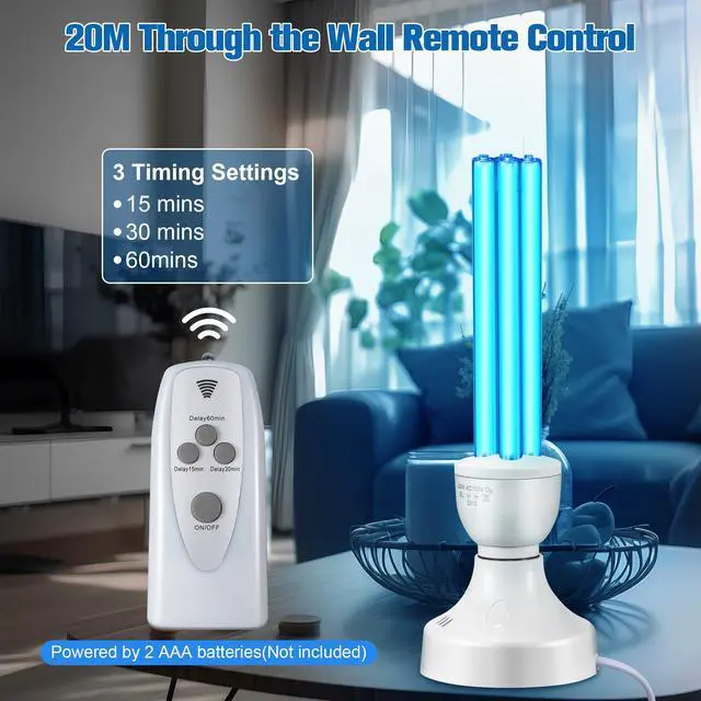 Alt view image 3 of 7 - 2 Pack 25 Watt UV Light Disinfection, UVC Light with E27 Base and Remote Control and UV Protection Glasses, Light Bulb for Basement/Bedroom/Kitchen, with Ozone