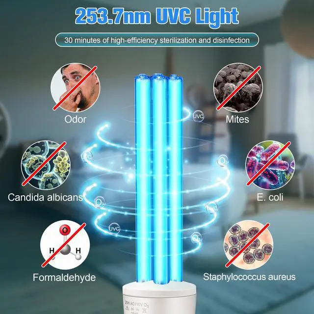 Alt view image 2 of 7 - 2 Pack 25 Watt UV Light Disinfection, UVC Light with E27 Base and Remote Control and UV Protection Glasses, Light Bulb for Basement/Bedroom/Kitchen, with Ozone