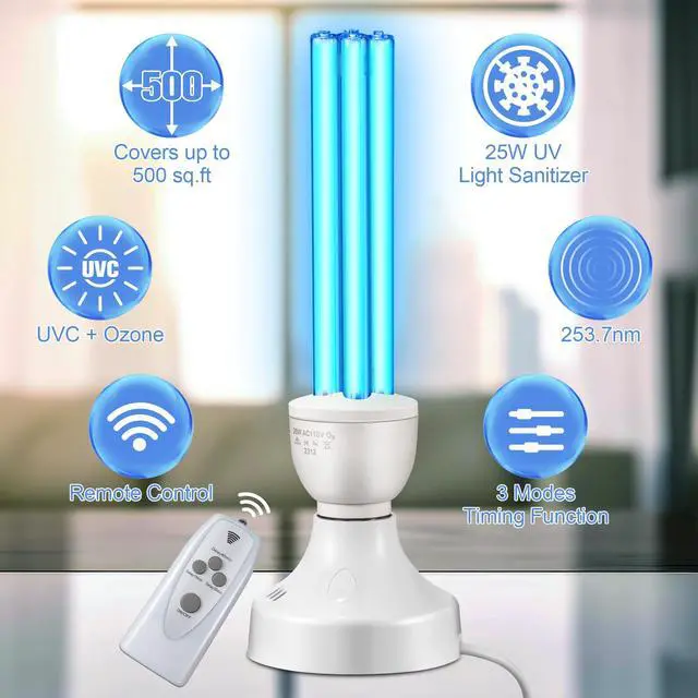 Alt view image 4 of 7 - 2 Pack 25 Watt UV Light Disinfection, UVC Light with E27 Base and Remote Control and UV Protection Glasses, Light Bulb for Basement/Bedroom/Kitchen, with Ozone