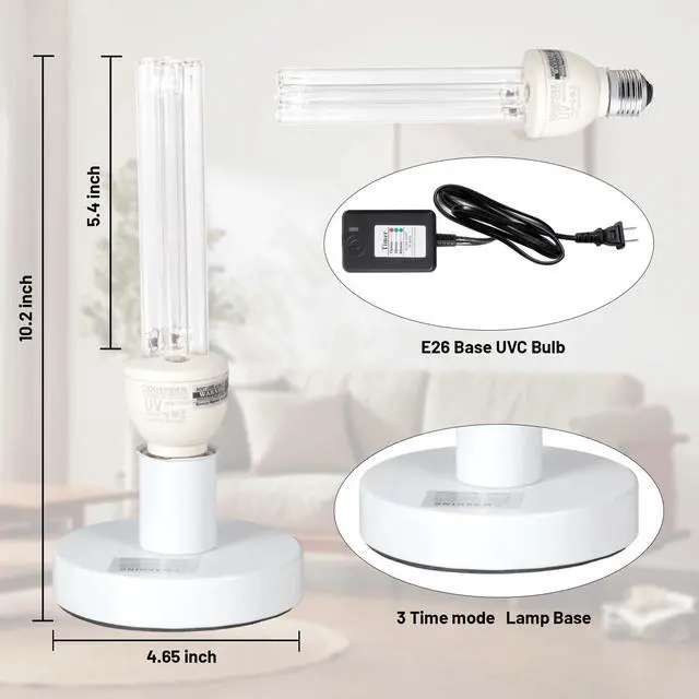 Alt view image 2 of 7 - 25 Watts UVC Sanitizer Lamp with Ozone UVC Light Bulb with Base and 3-Gear Timer 185nm Wavelength UV Light for Bedroom/Closet/Kitchen/Bathroom E26 Base 110V CTUV-25
