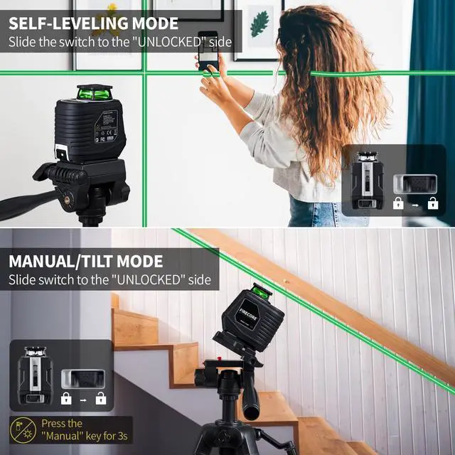 Alt view image 3 of 7 - 360° Laser Level with Tripod, 100Ft Self Leveling Laser Level Green Cross Line Laser Leveler Tool for Picture Hanging Wall Tile Floor Construction, 60" Compact Tripod & Carry Pouch Included