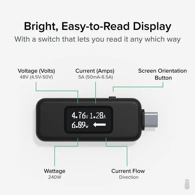Alt view image 3 of 7 - USB C Power Meter Tester for Monitoring USB-C Connections up to 240W - Digital Multimeter Tester for USB Type C Cables, Laptops, Phones, Chargers - Driverless