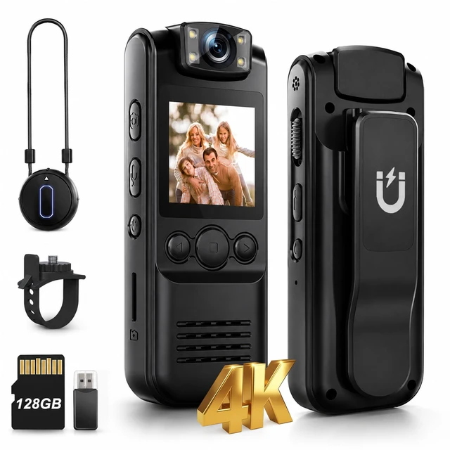 Main image of 4K Body Camera with Audio and Video Recording, 128GB Wearable Mini Body Cam with Magnetic Clip, Hands-Free POV Camera for Work, Cycling, Travel, Driving & Daily Recording