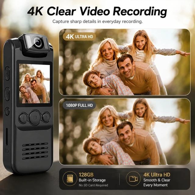 Alt view image 7 of 7 - 4K Body Camera with Audio and Video Recording, 128GB Wearable Mini Body Cam with Magnetic Clip, Hands-Free POV Camera for Work, Cycling, Travel, Driving & Daily Recording
