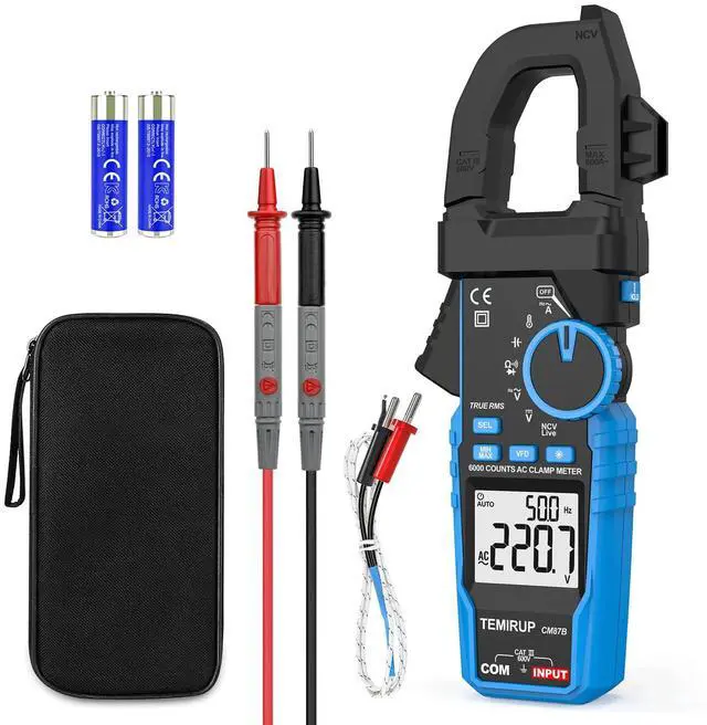 Main image of Digital Clamp Meter Multimeter - Auto-ranging 6000 Counts Amp Voltage Tester with D-Shaped Jaw VFD Mode, Measuring NCV, AC/DC Voltage AC Current Temperature Capacitance Resistance Continuity