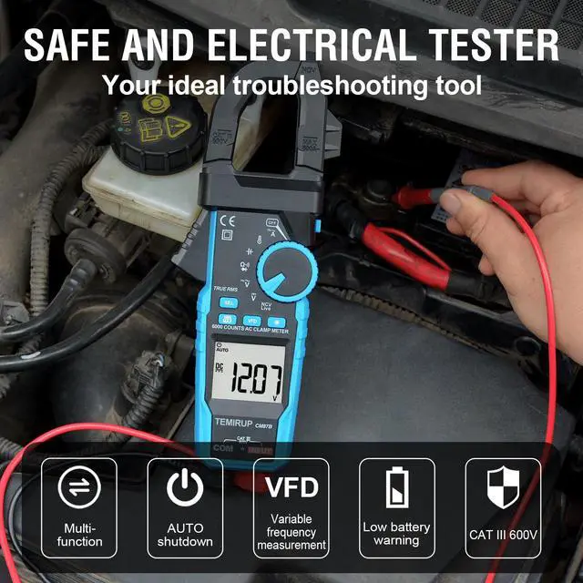Alt view image 2 of 7 - Digital Clamp Meter Multimeter - Auto-ranging 6000 Counts Amp Voltage Tester with D-Shaped Jaw VFD Mode, Measuring NCV, AC/DC Voltage AC Current Temperature Capacitance Resistance Continuity