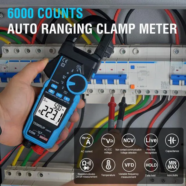 Alt view image 3 of 7 - Digital Clamp Meter Multimeter - Auto-ranging 6000 Counts Amp Voltage Tester with D-Shaped Jaw VFD Mode, Measuring NCV, AC/DC Voltage AC Current Temperature Capacitance Resistance Continuity