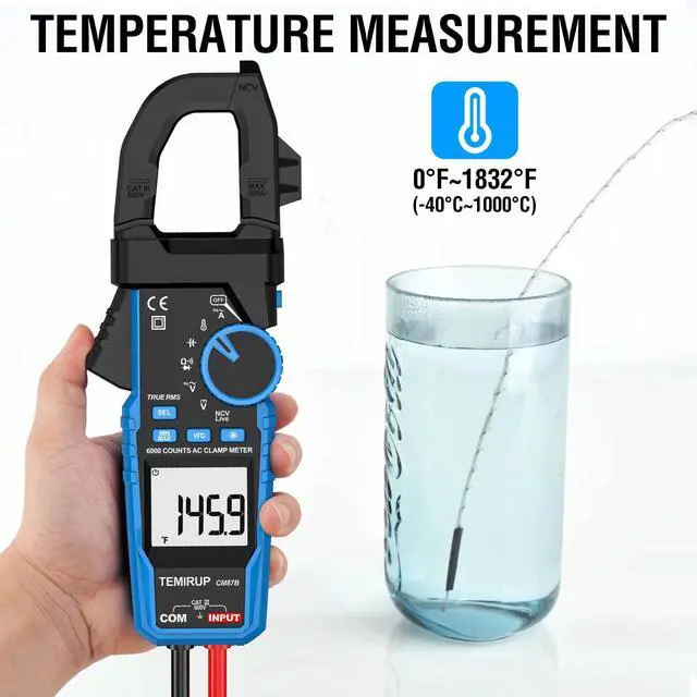 Alt view image 6 of 7 - Digital Clamp Meter Multimeter - Auto-ranging 6000 Counts Amp Voltage Tester with D-Shaped Jaw VFD Mode, Measuring NCV, AC/DC Voltage AC Current Temperature Capacitance Resistance Continuity