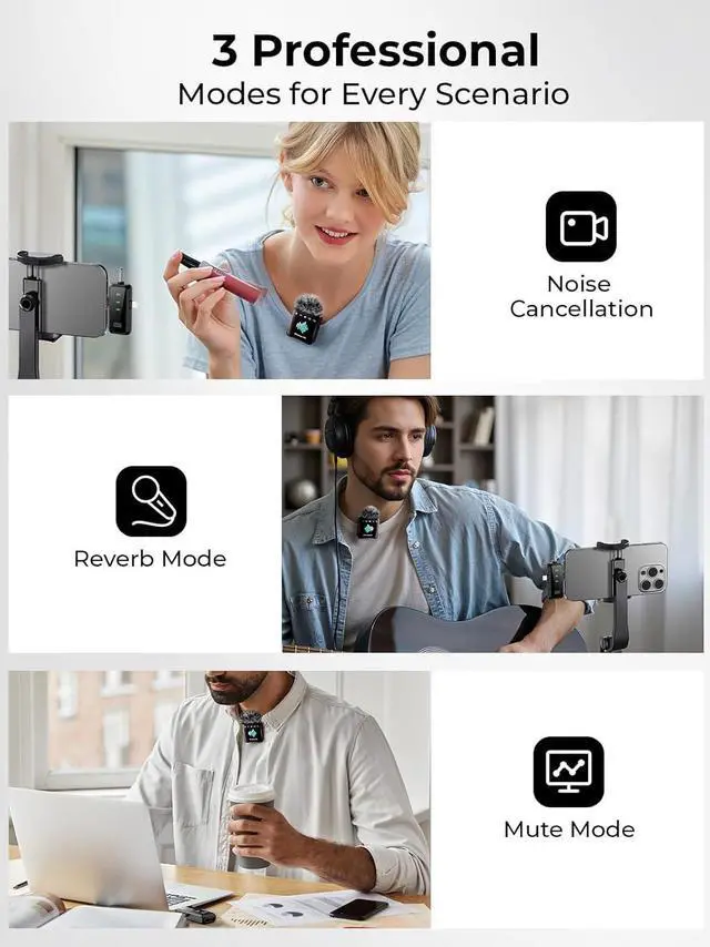 Alt view image 7 of 7 - Wireless Microphone for iPhone: 40dB Noise Canceling Mini Mic with 20Hz-20kHz Audio, 328ft Range, 20H Battery, 3-in-1 Lavalier Microphone for Video Recording